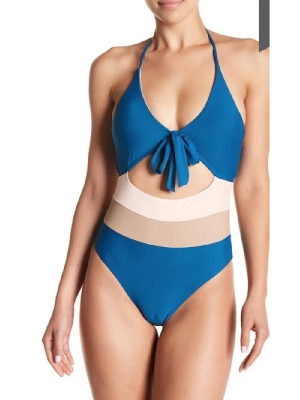 Ella Moss Neopolitan Cutout One-Piece Swimsuit Teal & Nude Halter Size S NWT